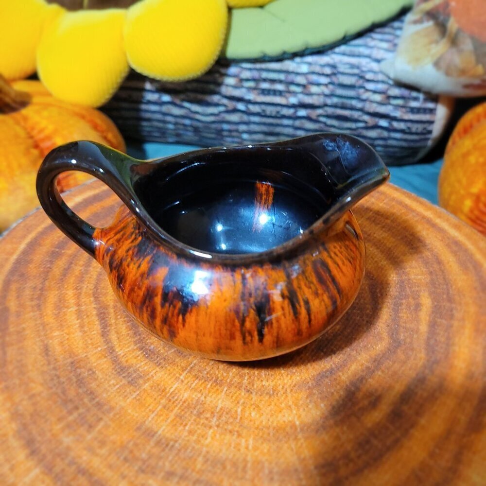 EVANGELINE Vintage MCM Pottery Brown & Orange Water Pitcher, Cream & Sugar Set - Picture 4 of 13